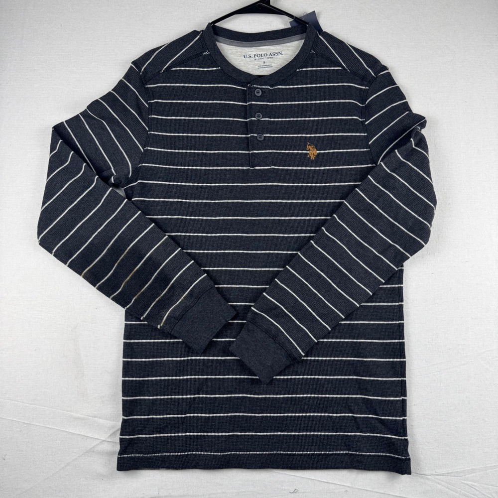 US Polo Assn Mens Small Charcoal Grey Striped Waffle Knit Henley 11C90083 NWT